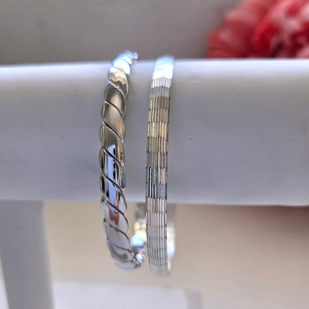 VTG Signed Monet Silver Tone Bangle Bracelet Set Twisted Rope Ribbed Textured